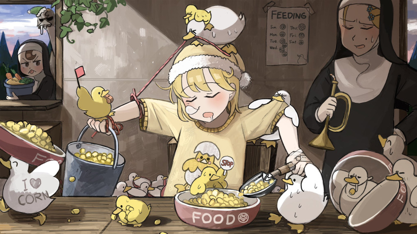 &gt;_&lt; 3girls :&lt; ^_^ animal_on_head bib bird bird_on_head blonde_hair body_writing bowl broccoli brown_eyes brown_hair bucket bugle carrot catholic chicken closed_eyes clothes_pull commentary corn dawn diva_(hyxpk) drooling duck duck_print duckling earthworm english_commentary flower food green_headwear habit hair_flower hair_ornament hairclip hand_on_hip hanging_plant hat highres holding holding_bucket holding_instrument hook-bang_nun_(diva) indoors instrument little_nuns_(diva) mini_flag mole mole_under_eye mouth_hold multiple_girls nightcap nose_bubble nun object_on_head on_head ostrich pajamas peeking poster_(object) protagonist_nun_(diva) pulling red_flag scowly_nun_(diva) shirt shirt_pull sigh sign sleeping sleeping_upright snoring string sweatdrop tongue tongue_out trowel vegetable whistle window worms yellow_headwear yellow_shirt