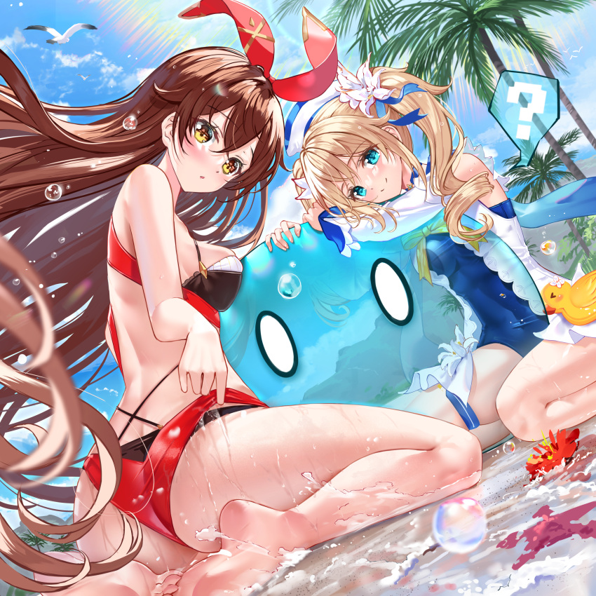 0_0 2girls ? amber_(genshin_impact) barbara_(genshin_impact) barbara_(summertime_sparkle)_(genshin_impact) bare_arms bare_legs bare_shoulders barefoot bikini black_bikini blonde_hair blue_eyes blue_swimsuit blush breasts brown_eyes brown_hair chinese_commentary closed_mouth commentary_request day dress dutch_angle flower genshin_impact hair_flower hair_ornament hair_ribbon highres long_hair long_sleeves looking_at_viewer medium_breasts mixed-language_commentary multiple_girls one-piece_swimsuit outdoors palm_tree red_bikini red_flower red_ribbon ribbon ringlets shallow_water sitting slime_(genshin_impact) smile soles spoken_question_mark starfish swimsuit swordsouls transparent tree twintails very_long_hair wariza water wet white_dress white_flower white_headwear