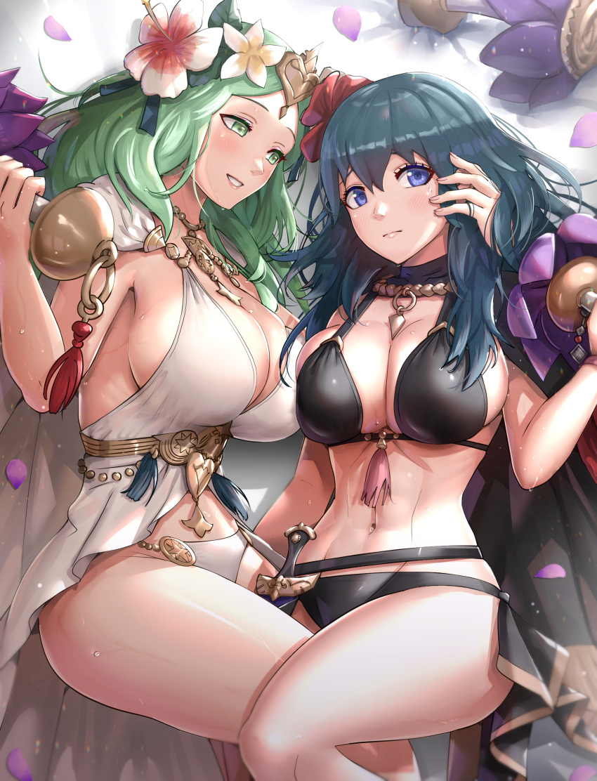 2girls abs absurdres alternate_costume bangs bikini black_bikini black_swimsuit blue_eyes blue_hair blush breast_press breasts byleth_(fire_emblem) byleth_(fire_emblem)_(female) cape cleavage closed_mouth dagger exercise fire_emblem fire_emblem:_three_houses fire_emblem_heroes flower forehead gonzarez green_eyes green_hair hair_between_eyes hair_flower hair_ornament hand_on_another's_face hand_on_another's_head hibiscus highres holding huge_breasts knife large_breasts long_hair looking_at_another looking_to_the_side lying multiple_girls navel official_alternate_costume parted_lips petals pink_lips red_flower rhea_(fire_emblem) sheath sheathed sideboob smile sweat sweatdrop swimsuit thighs weapon weightlifting white_bikini white_cape white_flower white_swimsuit yuri
