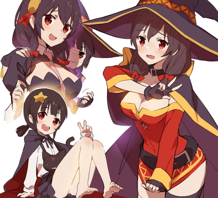 3girls barefoot belt between_breasts black_cloak black_gloves black_hair black_headwear black_skirt breasts cat choker chomusuke cleavage cloak cosplay dress dress_tug feet fingerless_gloves gabu_(az210309) gloves hair_ornament hat highres knees_up komekko kono_subarashii_sekai_ni_shukufuku_wo! legs long_hair low_twintails megumin megumin_(cosplay) miniskirt multiple_girls necktie open_mouth pink_necktie red_dress red_eyes ribbon shaded_face shirt short_dress short_hair sitting skirt smile soles star_(symbol) star_hair_ornament suspender_skirt suspenders thighs toes twintails v white_shirt witch_hat yunyun_(konosuba)