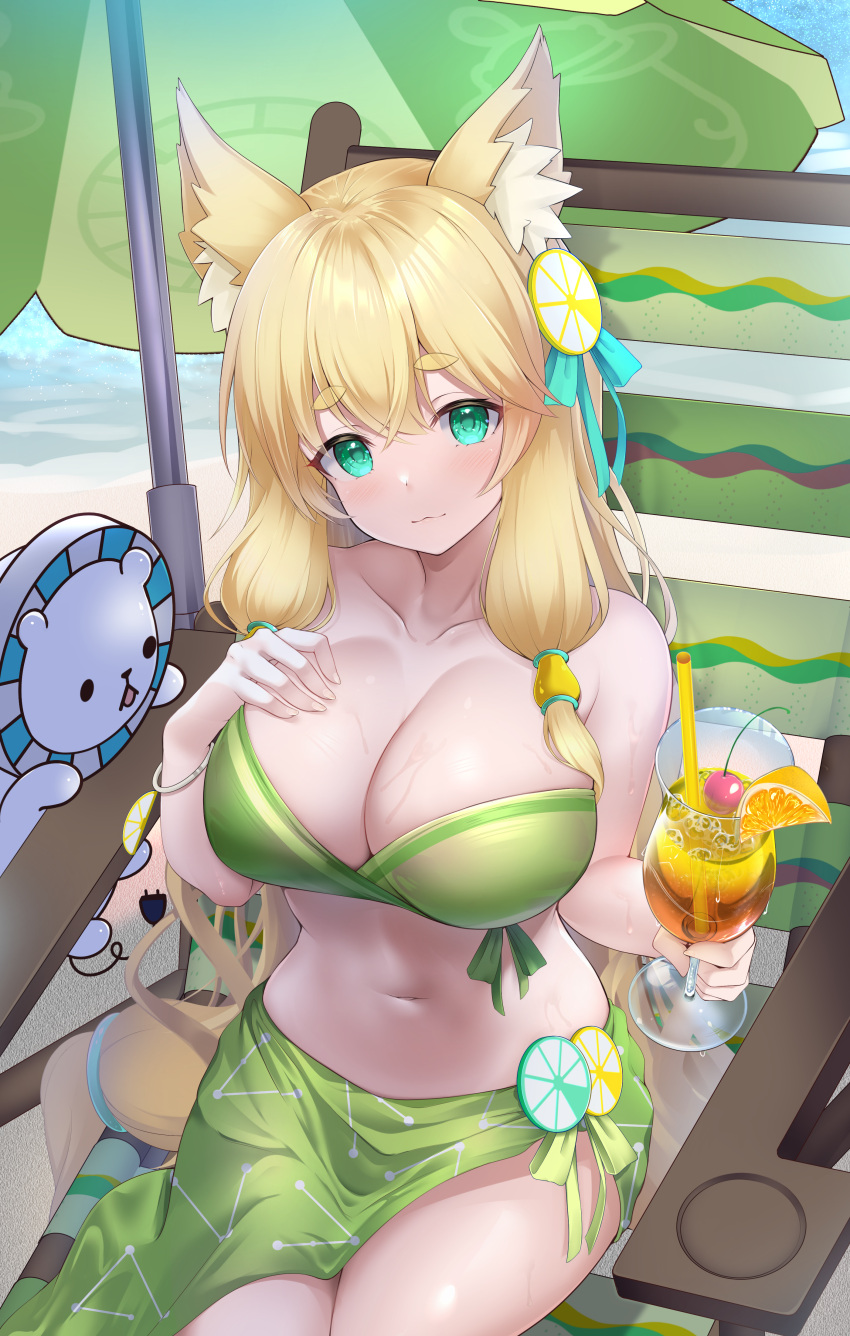 1girl :3 absurdres animal_ear_fluff animal_ears argentum_2o bare_shoulders beach beach_chair beach_umbrella bikini bikini_top blonde_hair bracelet breasts cherry cleavage cup drinking_straw eyebrows_visible_through_hair food fruit green_eyes green_swimsuit hair_between_eyes hand_on_own_chest highres holding holding_cup jewelry large_breasts long_hair looking_at_viewer low_twintails maimai_(game) orange_(fruit) orange_slice sand shiny shiny_skin sitting solo strapless strapless_bikini swimsuit thick_eyebrows thighs twintails umbrella water