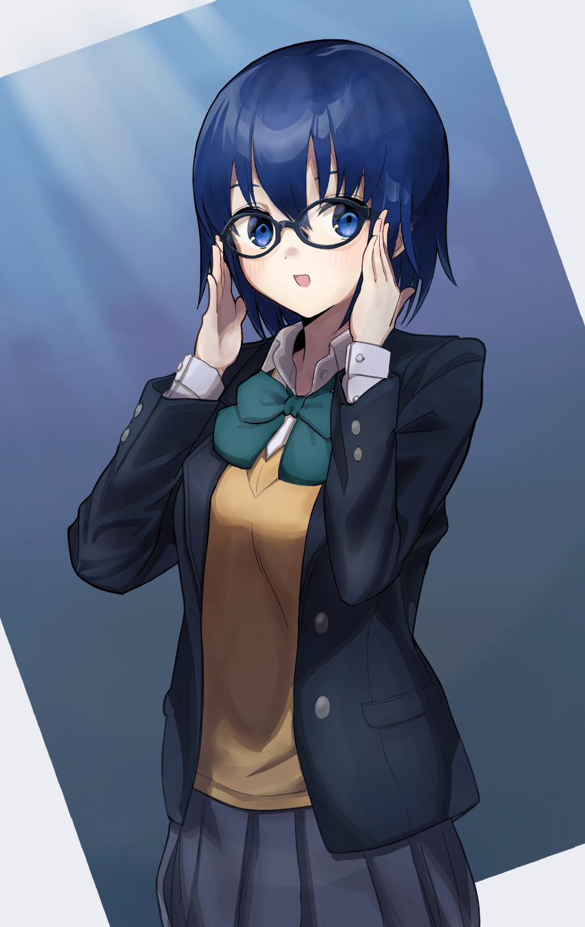 1girl absurdres adjusting_eyewear bangs black-framed_eyewear black_jacket blue_eyes blue_hair blush bow bowtie breasts buttons ciel_(tsukihime) collared_shirt commentary_request glasses green_bow green_bowtie grey_skirt hair_between_eyes highres jacket long_sleeves looking_at_viewer makimaki miniskirt open_clothes open_jacket open_mouth pleated_skirt pocket school_uniform shirt skirt smile solo tsukihime tsukihime_(remake) vest white_shirt yellow_vest