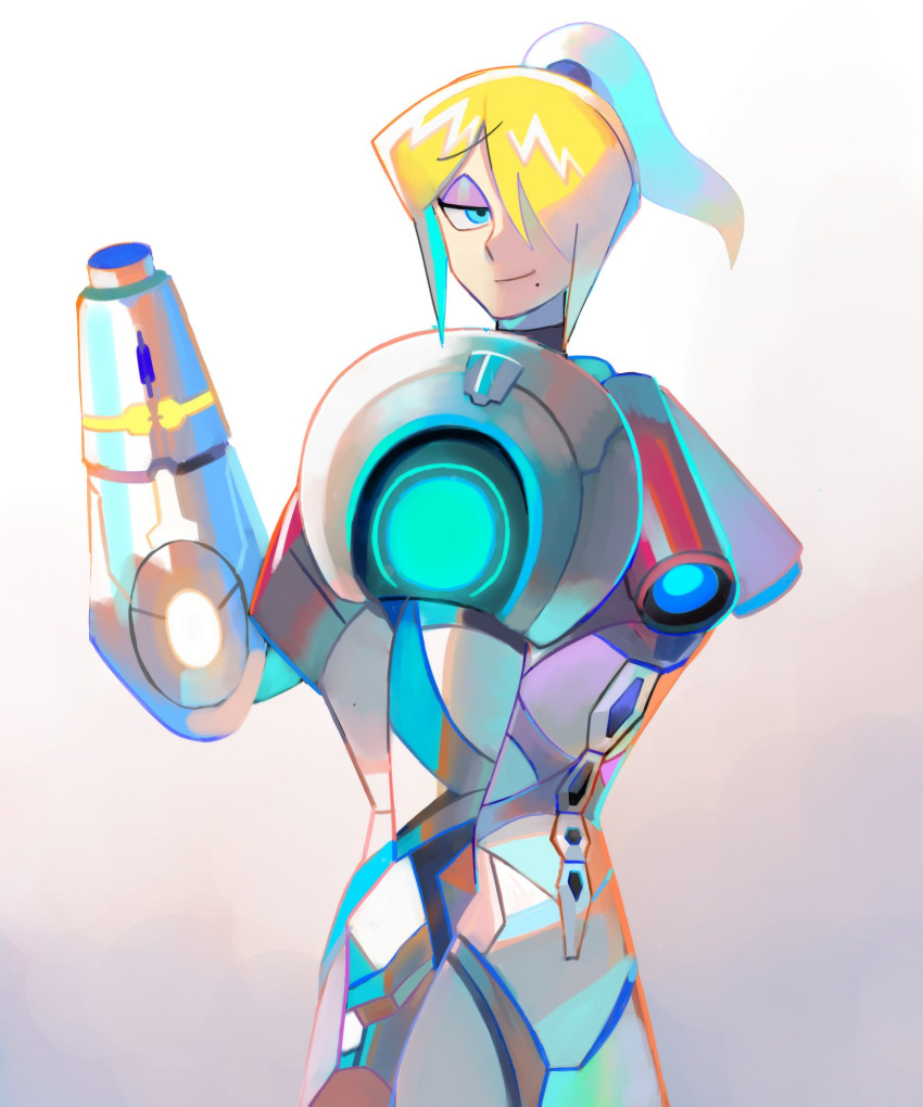 1girl arm_cannon armor bangs blonde_hair blue_eyes denaseey glowing gun hair_over_one_eye highres long_hair looking_at_viewer metroid metroid_dread mole mole_under_mouth ponytail power_armor power_suit samus_aran science_fiction sidelocks simple_background solo upper_body weapon