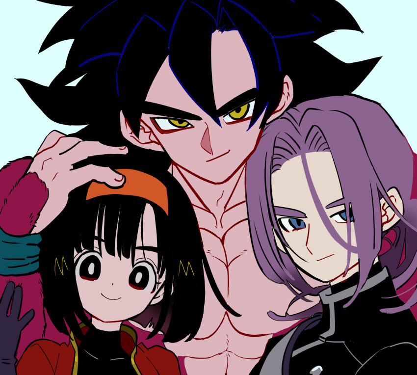 1girl 2boys abs aqua_wristband bangs black_eyes black_gloves black_hair black_jacket blue_eyes body_fur buttons commentary dot_nose double-breasted dragon_ball dragon_ball_gt dragon_ball_heroes fingernails gloves grandfather_and_granddaughter grin hairband hand_on_another's_head hand_up high_collar highres jacket kodama_(marugoto_omikan) light_blue_background looking_at_viewer low_ponytail messy_hair multiple_boys muscular muscular_male orange_hairband pan_(dragon_ball) pan_(xeno)_(dragon_ball) parted_bangs pectorals ponytail purple_hair red_jacket short_hair sideways_glance simple_background smile son_goku super_saiyan super_saiyan_4 trunks_(dragon_ball) trunks_(future)_(dragon_ball) trunks_(future)_(xeno)_(dragon_ball) wristband yellow_eyes