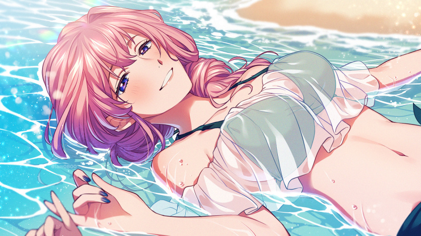 1girl 1other asada_hachi bangs banned_artist bare_shoulders beach bikini blue_nails blush breasts collarbone commentary day highres kousaka_rei la_corda_d'oro la_corda_d'oro_starlight_orchestra large_breasts long_hair looking_at_viewer lying nail_polish navel ocean off_shoulder on_back out_of_frame outdoors parted_lips partially_submerged pink_hair pinky_swear pov pov_hands purple_eyes sand see-through shirt short_sleeves smile solo_focus swimsuit twitter_username water water_drop watermark wet white_shirt