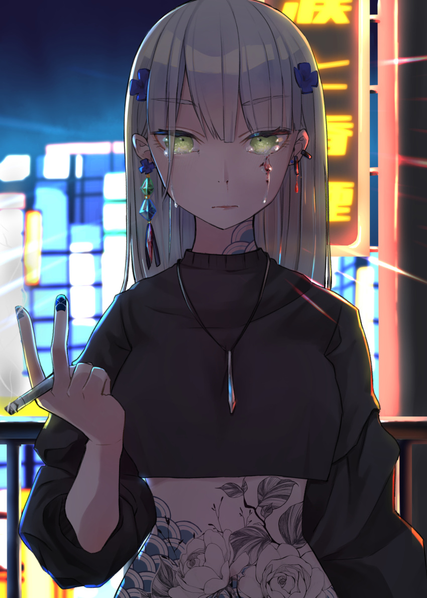 1girl bangs blood blood_from_eyes blue_hair blue_nails breasts cigarette closed_mouth crossed_bangs earrings eye_piercing eyebrows_visible_through_hair girls'_frontline green_eyes highres hk416_(girls'_frontline) holding holding_cigarette japan japanese_clothes jewelry kimono long_hair looking_at_viewer nail_polish neck_tattoo necklace sakana-ko solo tattoo tears