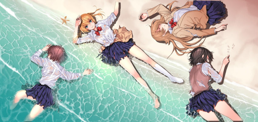 4girls amatani_mutsu asymmetrical_legwear beach blazer blonde_hair blue_eyes bow bowtie clothes_around_waist feet jacket kneehighs kujou_shion looking_at_viewer lying miniskirt multiple_girls ocean official_art on_back on_side on_stomach onishima_homare parted_lips red_bow red_bowtie sagara_riri sand sand_writing school_uniform shirt skirt sleeves_rolled_up smile sounan_desuka? starfish suzumori_asuka sweater_vest torn_clothes torn_skirt translated uneven_legwear water wet wet_clothes white_legwear white_shirt