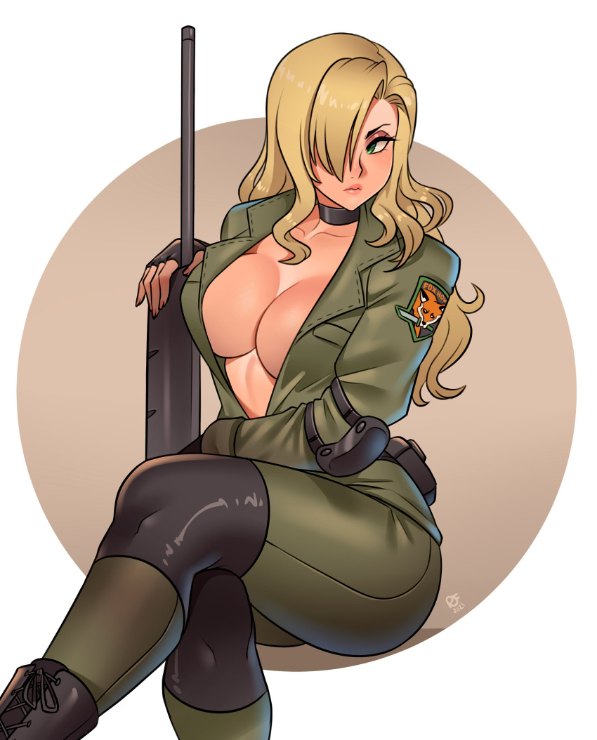 1girl absurdres black_footwear black_gloves blonde_hair boots breasts choker cleavage collarbone cross-laced_footwear fingerless_gloves gloves green_eyes gun hair_over_one_eye highres lace-up_boots large_breasts lips long_hair looking_away metal_gear_(series) metal_gear_solid no_bra ravenousruss sniper_wolf solo weapon