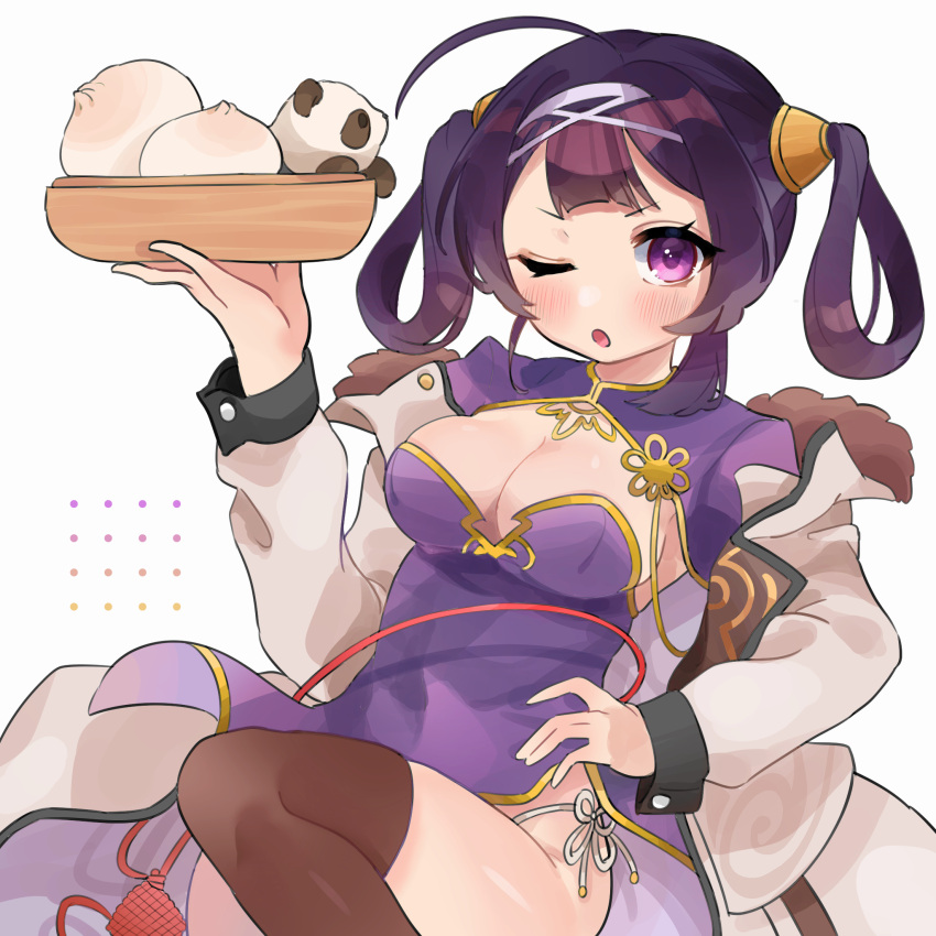 1girl azur_lane bangs baozi black_hair black_legwear blunt_bangs breasts carrying china_dress chinese_clothes cleavage coat commentary_request dress eyebrows_visible_through_hair food fur-trimmed_coat fur_trim hair_between_eyes hair_tubes hand_on_hip highres long_hair long_sleeves looking_at_viewer ning_hai_(azur_lane) one_eye_closed panda panties parted_lips purple_eyes retrofit_(azur_lane) side-tie_panties side_slit sidelocks simple_background sitting standing standing_on_one_leg takumi_mizuki thighhighs twintails underwear white_background white_coat