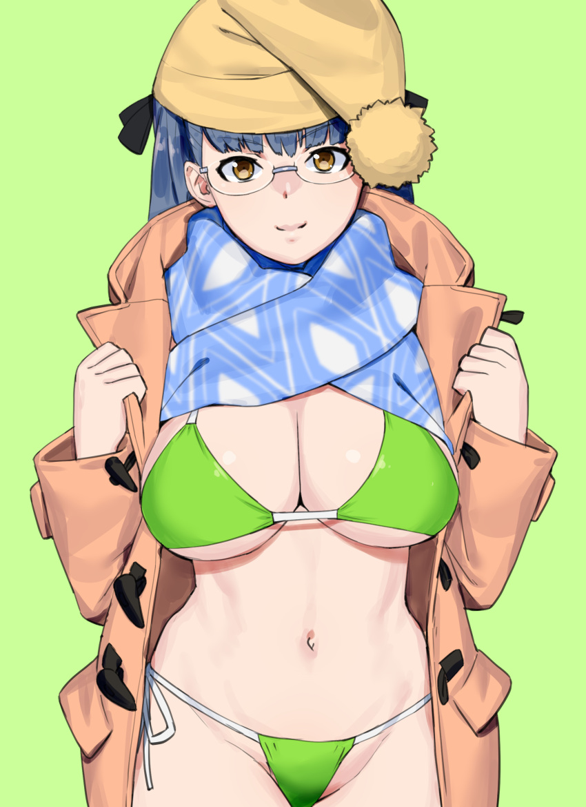 1girl absurdres bangs bikini blue_scarf bobblehat breasts brown_coat brown_eyes brown_headwear cleavage closed_mouth coat cowboy_shot eyebrows_visible_through_hair glasses green_background grey_hair highres large_breasts long_sleeves looking_at_viewer navel onsen_tamago_(hs_egg) open_clothes open_coat opened_by_self original rimless_eyewear scarf self_exposure side-tie_bikini simple_background smile solo standing string_bikini swimsuit trench_coat
