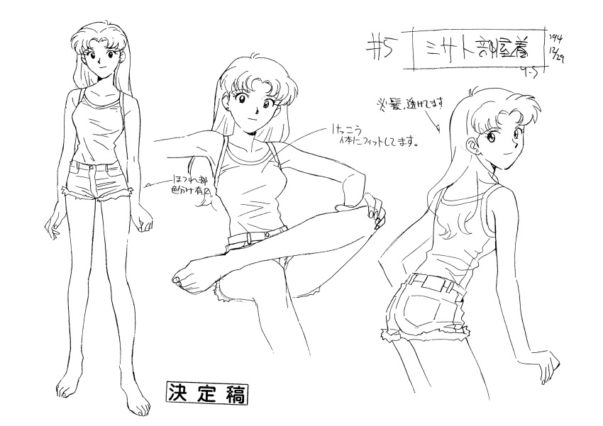 1990s_(style) 1girl absurdres barefoot camisole character_sheet cowboy_shot crossed_legs denim denim_shorts feet full_body greyscale highres katsuragi_misato long_hair looking_at_viewer looking_back monochrome multiple_views neon_genesis_evangelion official_art production_art production_note retro_artstyle sadamoto_yoshiyuki shorts simple_background sitting standing white_background zip_available