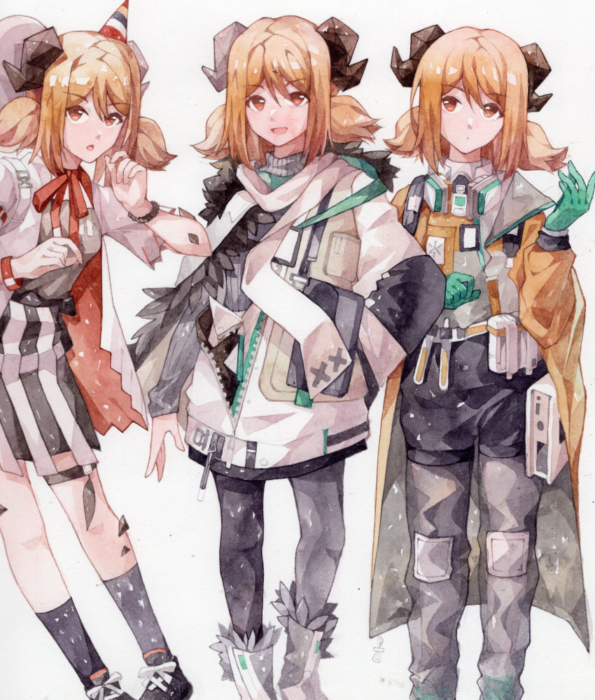 1girl absurdres arknights balloon belt_pouch black_legwear blonde_hair bow bowtie coat cosplay costume_switch cotayomengmiao demon_horns dress feathers gloves hat highres horns ifrit_(arknights) ifrit_(children's_party)_(arknights) looking_at_viewer mask mask_around_neck official_alternate_costume open_mouth orange_eyes oripathy_lesion_(arknights) painting_(medium) party_hat pouch scarf short_sleeves short_twintails silence_(arknights) silence_(frosted_breath)_(arknights) silence_(lacquer)_(arknights) smile tail test_tube thigh_strap thighhighs traditional_media twintails watercolor_(medium) wristband yellow_coat