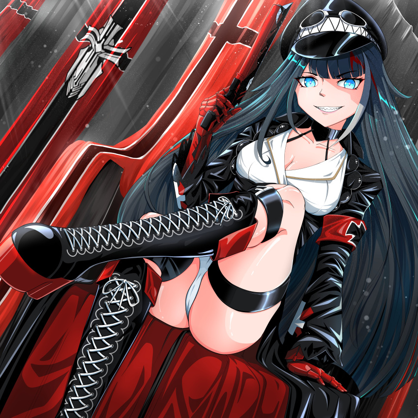 1girl absurdres ass azur_lane black_choker black_footwear black_hair black_headwear blue_eyes boots choker cross-laced_footwear deutschland_(azur_lane) flag gun handgun hat high_heel_boots high_heels highres holding holding_gun holding_weapon iron_blood_(emblem) knee_boots lace-up_boots long_hair mechanical_arms multicolored_hair notsushi panties peaked_cap pistol platform_boots platform_footwear red_hair sharp_teeth sitting solo streaked_hair teeth thigh_strap underwear very_long_hair weapon white_hair white_panties