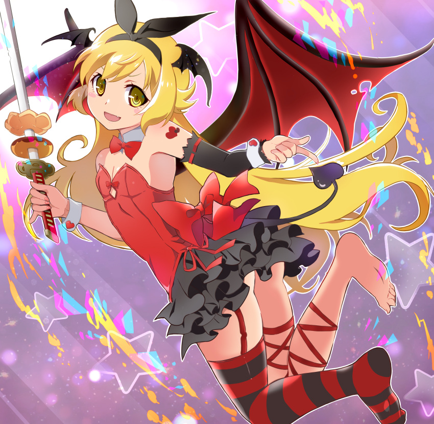 1girl :d absurdres arm_tattoo bangs bare_shoulders bat_wings black_bow black_hairband black_legwear black_skirt black_sleeves blonde_hair blush_stickers bow bow_hairband bowtie breasts cleavage commentary_request demon_tail detached_collar detached_sleeves doughnut fang feet floating_hair food garter_straps hairband happy head_wings heart heart_tattoo highres holding holding_sword holding_weapon katana leotard long_hair looking_at_viewer mashimaro_tabetai miniskirt monogatari_(series) multicolored_background open_mouth oshino_shinobu outline pink_nails red_bow red_legwear red_leotard shiny shiny_hair single_detached_sleeve single_thighhigh skirt small_breasts smile soles solo star_(symbol) strapless strapless_leotard striped striped_legwear sword tail tattoo thighhighs two-tone_legwear very_long_hair weapon white_outline wings wrist_cuffs yellow_eyes