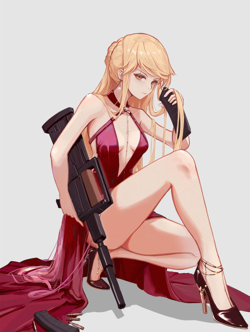 1girl bare_legs bare_shoulders black_footwear blonde_hair breasts bullet cartridge closed_mouth collarbone dress earrings eyebrows_visible_through_hair girls'_frontline gun hair_ornament high_heels highres holding holding_weapon jewelry legs long_hair looking_at_viewer medium_breasts mo_geng necklace orange_eyes ots-14 ots-14_(girls'_frontline) red_dress rifle sitting solo thighs very_long_hair weapon white_background