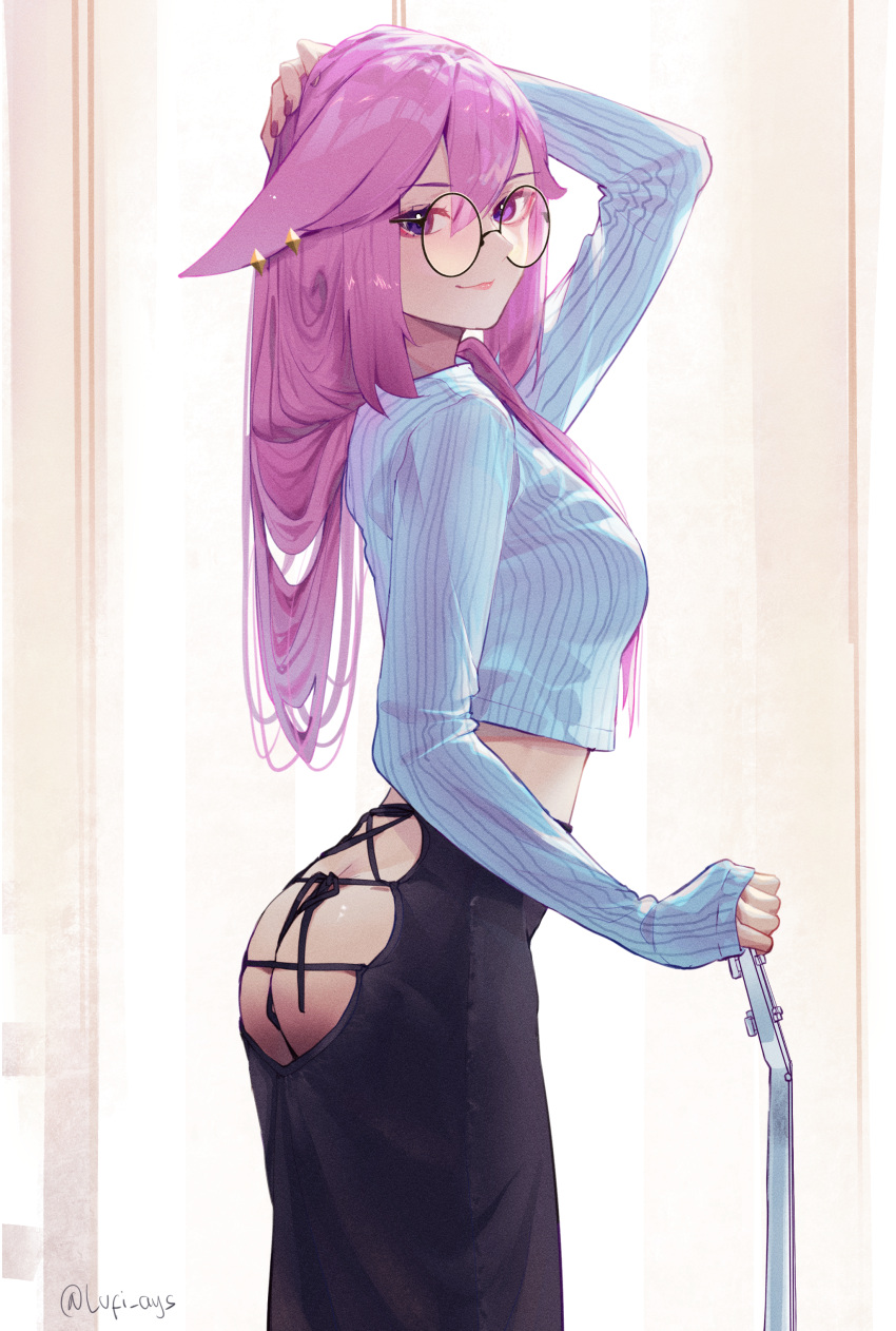 1girl absurdres animal_ears arm_up ass backless_pants black-framed_eyewear black_pants blue_sweater breasts from_side genshin_impact glasses hair_over_shoulder highres holding long_hair long_sleeves looking_at_viewer looking_to_the_side lufi_ays medium_breasts nail_polish no_panties pants pink_hair pink_lips pink_nails purple_eyes round_eyewear sleeves_past_wrists smile solo striped sweater twitter_username vertical_stripes yae_(genshin_impact)