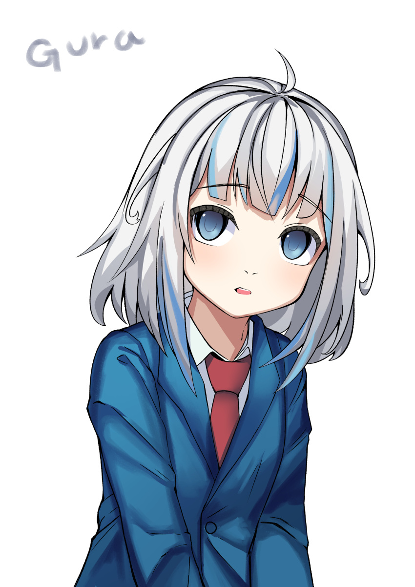 1girl absurdres ahoge alternate_costume bangs blue_eyes blue_hair blue_jacket character_name collared_shirt commentary empty_eyes eyebrows_visible_through_hair formal gawr_gura grey_hair highres hololive hololive_english jacket looking_at_viewer multicolored_hair necktie oguri_(pixiv25574366) parted_lips red_necktie shirt simple_background solo streaked_hair suit teeth upper_body upper_teeth virtual_youtuber white_background white_shirt