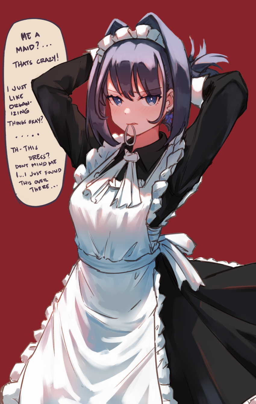1girl absurdres adjusting_hair alternate_costume apron arms_up bangs black_dress blue_eyes blush bow bow_earrings collared_dress dress earrings english_text eyebrows_visible_through_hair frilled_apron frills hair_intakes hair_tie highres hololive hololive_english jewelry jl_tan long_sleeves looking_at_viewer maid maid_headdress mouth_hold neck_ribbon ouro_kronii parted_lips purple_bow purple_hair red_background ribbon short_hair simple_background solo speech_bubble tying_hair virtual_youtuber white_apron white_ribbon