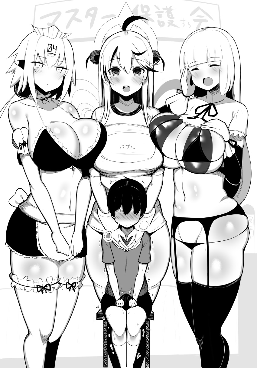 1boy 3girls absurdres age_difference black_hair blush bombergirl breasts bulge child erection erection_under_clothes faceless faceless_male greyscale hand_on_another's_neck hat highres huge_breasts jakko large_breasts long_hair looking_at_viewer mature_female miniskirt monochrome multiple_girls navel papuru_(bombergirl) sepia skirt stool surrounded thick_thighs thighs white_background
