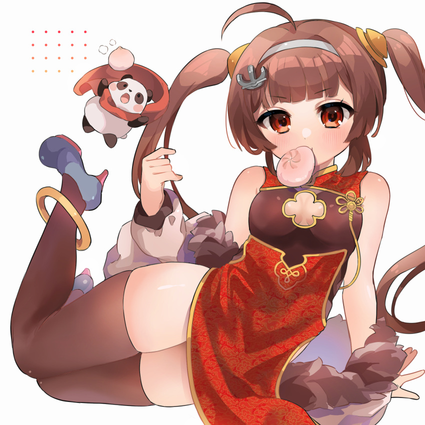 1girl anchor_hair_ornament animal_ears anklet arm_support azur_lane bangs baozi black_legwear blunt_bangs blurry breasts brown_hair china_dress chinese_clothes cleavage cleavage_cutout clothing_cutout coat commentary_request depth_of_field dress eyebrows_visible_through_hair food fur-trimmed_coat fur_trim hair_ornament hair_tubes hairband high_heels highres jewelry knees_together_feet_apart long_hair long_sleeves looking_at_viewer lying mouth_hold off_shoulder on_side panda panda_ears ping_hai_(azur_lane) playing_with_own_hair red_eyes side_slit sidelocks simple_background sleeveless sleeveless_dress takumi_mizuki thighhighs twintails white_background