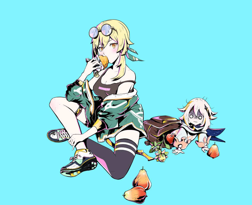 1girl all_fours alternate_costume bag bangs black_scarf blonde_hair blue_background breasts casual cleavage commentary_request croquette dress eating eyebrows_visible_through_hair eyewear_on_head faguang_faliang_de_luren flower food fruit genshin_impact glasses gloom_(expression) hair_between_eyes hair_ornament highres holding holding_food indian_style long_sleeves looking_at_viewer lumine_(genshin_impact) off_shoulder orange_eyes paimon_(genshin_impact) scarf shoes short_hair sidelocks simple_background single_leg_pantyhose sitting sleeveless sneakers solo sunsettia_(genshin_impact) white_dress white_legwear