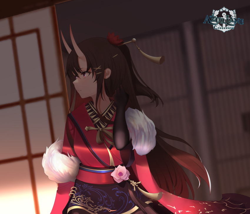 1girl absurdres azur_lane black_gloves black_hair black_legwear brown_hair elbow_gloves flower fur-trimmed_kimono fur_trim gloves hair_ornament hairpin highres horns indoors japanese_clothes kimono long_hair looking_to_the_side noshiro_(azur_lane) noshiro_(uncharted_festival_grounds?)_(azur_lane) official_alternate_costume oni_horns pantyhose red_flower red_kimono wide_sleeves x_hair_ornament yibanmaotou