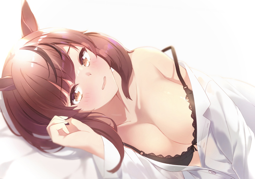 1girl animal_ears bangs bare_shoulders black_bra black_hair blush bra breasts brown_eyes brown_hair cleavage collarbone dress_shirt eyebrows_visible_through_hair highres horse_ears large_breasts long_sleeves looking_at_viewer lying md5_mismatch multicolored_hair nice_nature_(umamusume) noa0319 off_shoulder on_side open_clothes open_shirt parted_lips partially_unbuttoned resolution_mismatch shirt short_hair simple_background solo source_smaller strap_slip streaked_hair swept_bangs two-tone_hair umamusume underwear upper_body white_background