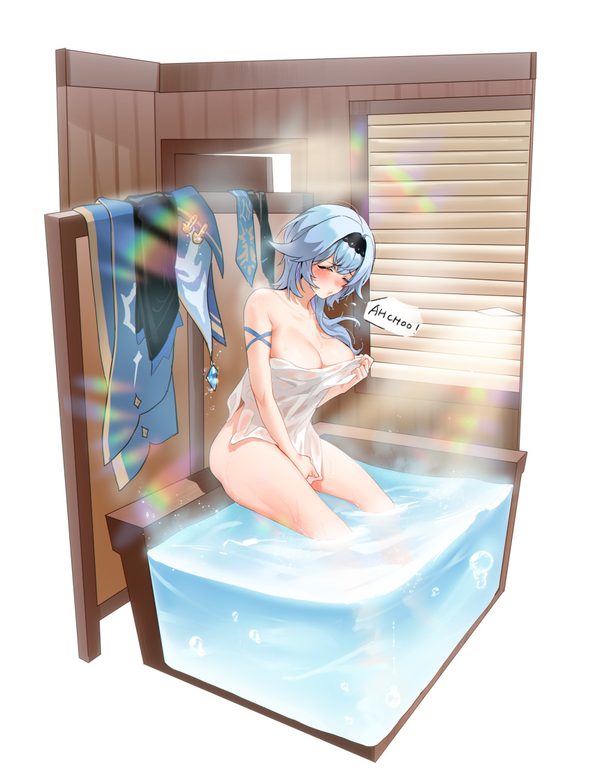 1girl bangs bathroom bathtub black_hairband blue_hair blush breasts bugie closed_eyes clothes_removed commission commissioner_upload covering diorama eula_(genshin_impact) full_body genshin_impact hairband highres indoors large_breasts lens_flare light_blue_hair light_particles light_rays long_hair medium_hair naked_towel partially_submerged sitting sneezing solo towel transparent_background water window