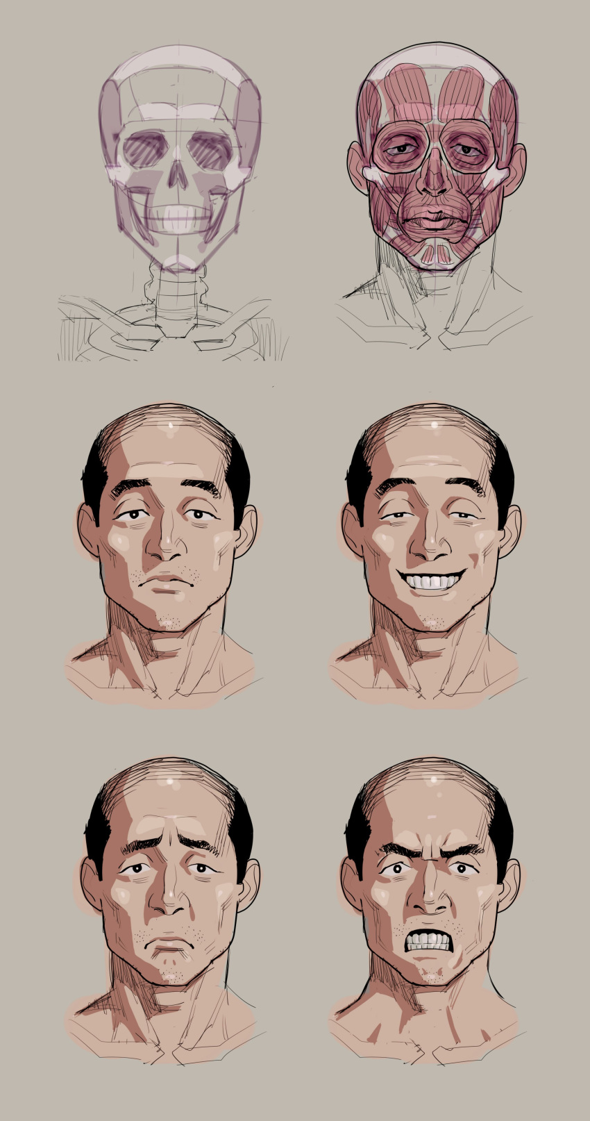 1boy absurdres anatomy balding black_eyes black_hair clenched_teeth closed_mouth commentary completely_nude expressions grey_background grin highres looking_at_viewer male_focus multiple_views nude original portrait sanpaku short_hair simple_background skeleton smile symbol-only_commentary teeth very_short_hair wide-eyed yukiyoshi_mamizu