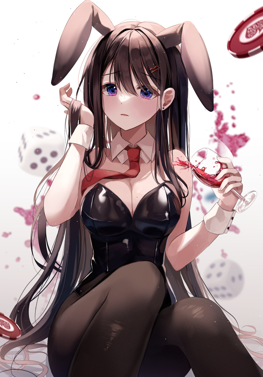 1girl absurdres alcohol animal_ears bangs bare_shoulders black_hair black_legwear black_leotard breasts cleavage commentary cup detached_collar dice drinking_glass earrings eyebrows_visible_through_hair feet_out_of_frame hair_ornament hairclip hand_in_hair hand_up highres holding holding_cup jewelry large_breasts leotard long_hair looking_at_viewer myowa necktie original pantyhose parted_lips playboy_bunny poker_chip purple_eyes rabbit_ears red_necktie simple_background sitting solo strapless strapless_leotard stud_earrings symbol-only_commentary very_long_hair white_background wine wine_glass wrist_cuffs