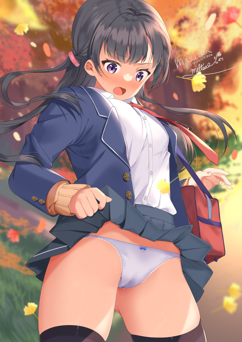 1girl absurdres ass_visible_through_thighs autumn autumn_leaves bag bangs black_hair black_jacket bow bow_panties brown_cardigan cardigan clothes_lift collared_shirt day grey_skirt hair_blowing highres jacket long_hair long_sleeves mukuro_usss necktie original outdoors over-kneehighs panties pleated_skirt purple_eyes red_necktie school_bag school_uniform shirt signature skirt skirt_lift solo standing surprised thighhighs thighs underwear v-shaped_eyebrows white_legwear white_shirt wind wind_lift