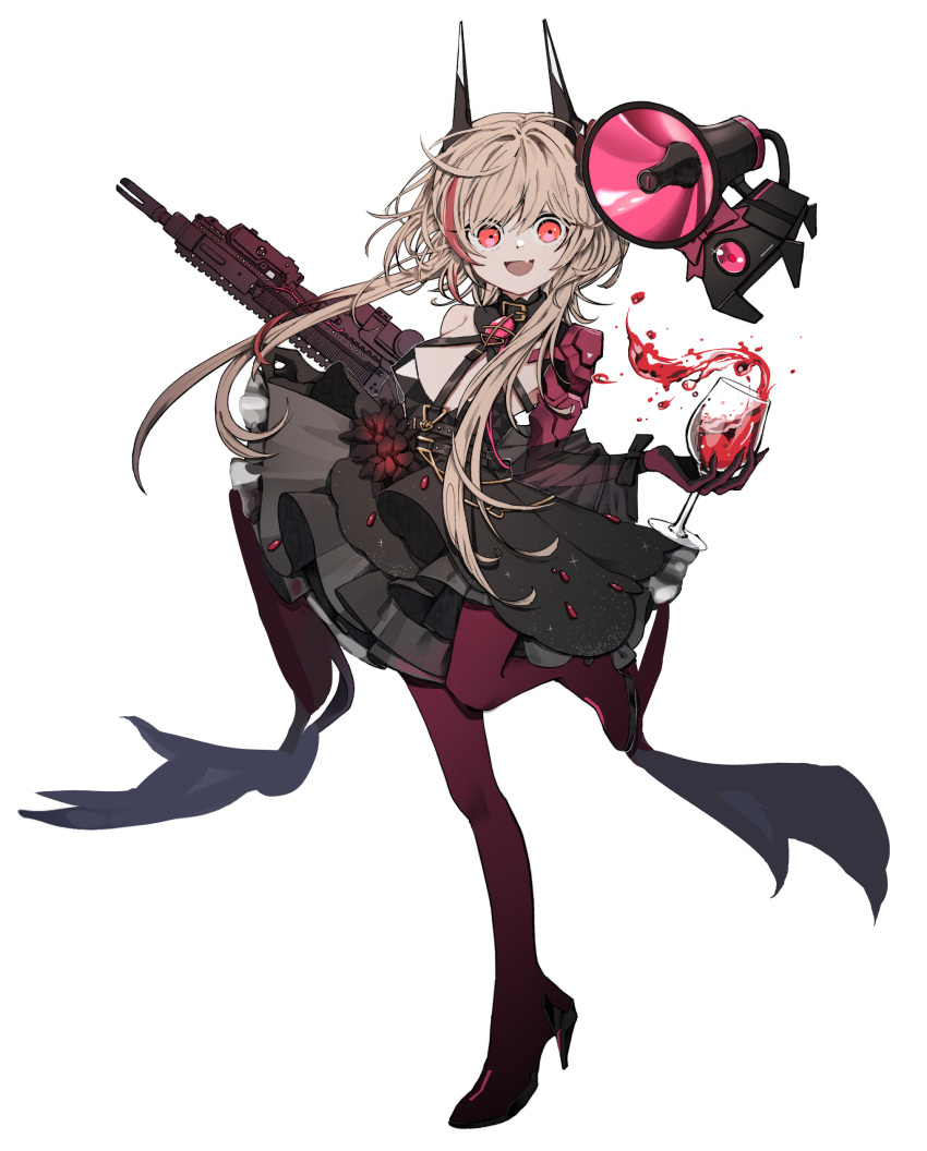 1girl :d absurdres assault_rifle bare_shoulders black_dress black_footwear blonde_hair commentary_request cup dress fang flower full_body girls'_frontline gun hair_between_eyes high_heels highres long_hair looking_at_viewer m4_carbine m4_sopmod_ii m4_sopmod_ii_(girls'_frontline) megaphone multicolored_hair nbb3 open_mouth pantyhose pink_hair red_eyes red_legwear rifle rose smile solo standing standing_on_one_leg strapless strapless_dress streaked_hair weapon weapon_request white_background