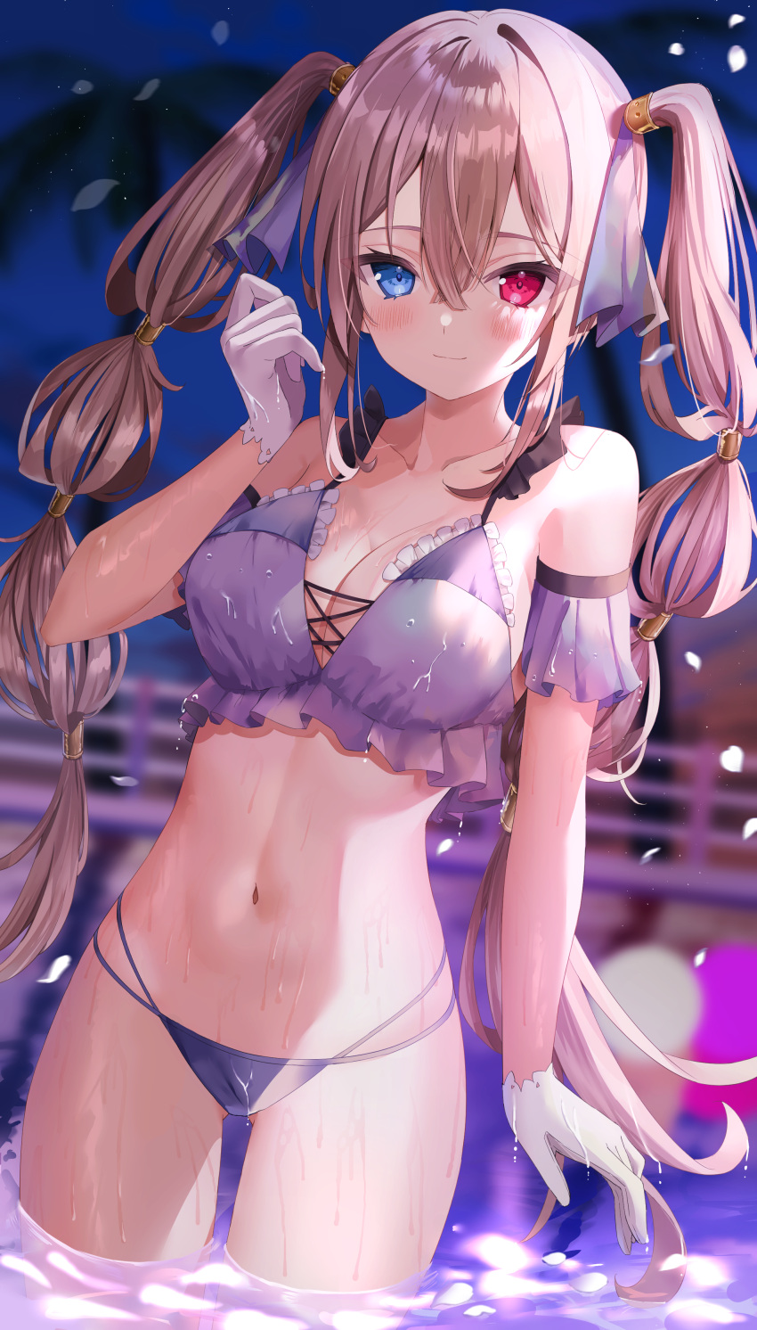 1girl absurdres bare_shoulders bikini blue_eyes breasts brown_hair cleavage collarbone commentary english_commentary frilled_bikini frills gloves hair_ornament hand_up heterochromia highres large_breasts long_hair looking_at_viewer multi-strapped_bikini navel original purple_bikini red_eyes sidelocks sinobi_illust smile solo standing stomach string_bikini swimsuit thighs twintails very_long_hair wading wet white_gloves