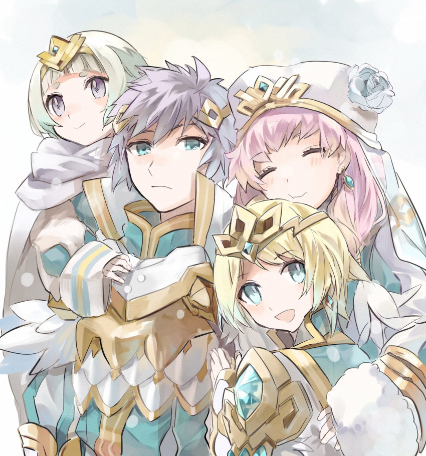 1boy 3girls armor bangs blonde_hair blue_eyes blunt_bangs blush brother_and_sister closed_eyes closed_mouth earrings fire_emblem fire_emblem_heroes fjorm_(fire_emblem) fur_trim group_hug gunnthra_(fire_emblem) hair_ornament highres hrid_(fire_emblem) hug hukashin jewelry multiple_girls open_mouth pink_hair purple_eyes shoulder_armor siblings sisters white_background white_hair ylgr_(fire_emblem)