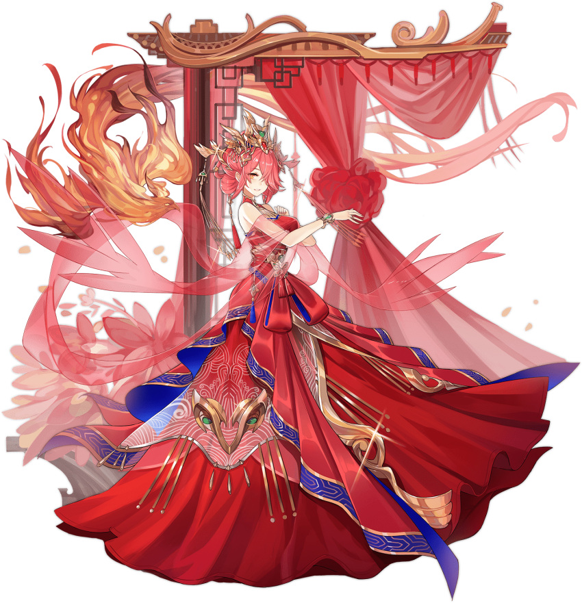 1girl ark_order artist_request bangs bird bow bracelet breasts curtains detached_collar detached_sleeves double_bun dress dress_bow fenghuang_(ark_order) fire flame full_body gem gold_trim hair_ornament hair_rings hair_stick highres jewelry large_breasts official_art phoenix red_bow red_dress red_hair ring sidelocks sleeveless sleeveless_dress solo tachi-e transparent_background