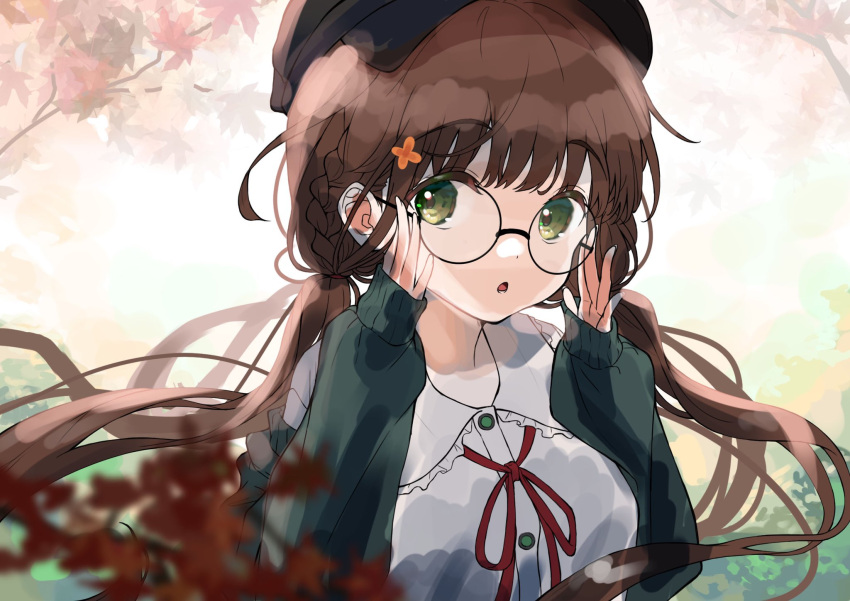 1girl adjusting_eyewear alternate_costume bespectacled breasts brown_hair check_commentary commentary commentary_request eyebrows_visible_through_hair glasses gochuumon_wa_usagi_desu_ka? green_eyes green_sweater highres long_hair long_sleeves looking_at_viewer low_twintails medium_breasts parted_lips round_eyewear solo sweater twintails ujimatsu_chiya zumi6