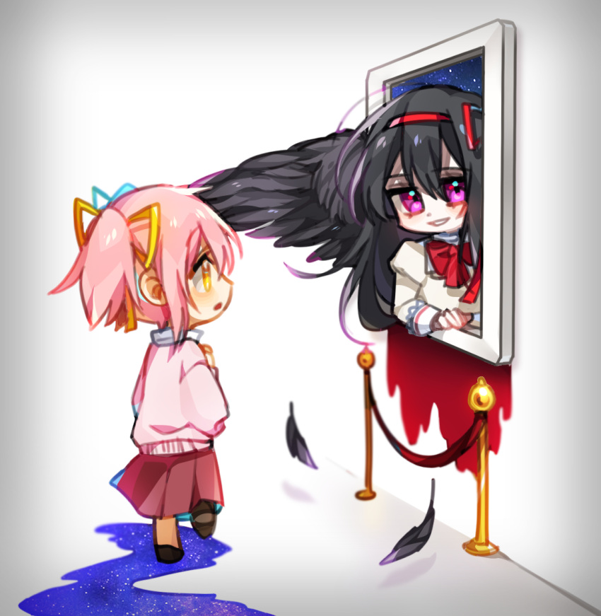 2girls akemi_homura akuma_homura black_feathers black_footwear black_hair black_wings blood blood_splatter chibi commentary_request dot_nose expressionless eyebrows_visible_through_hair feathered_wings feathers grey_background hair_between_eyes hair_ribbon hand_on_window hand_rest high_collar jitome juliet_sleeves kaname_madoka liquid long_hair long_sleeves mahou_shoujo_madoka_magica mahou_shoujo_madoka_magica_movie mamasna_(mattna_mmm) mitakihara_school_uniform multiple_girls neck_ribbon parted_lips pink_hair pink_skirt pink_sweater profile puffy_sleeves purple_eyes red_ribbon ribbon school_uniform shoes short_twintails simple_background skirt sky smirk stanchion star_(sky) starry_sky sweater teeth trail twintails ultimate_madoka walking wall window wings yellow_eyes yellow_ribbon