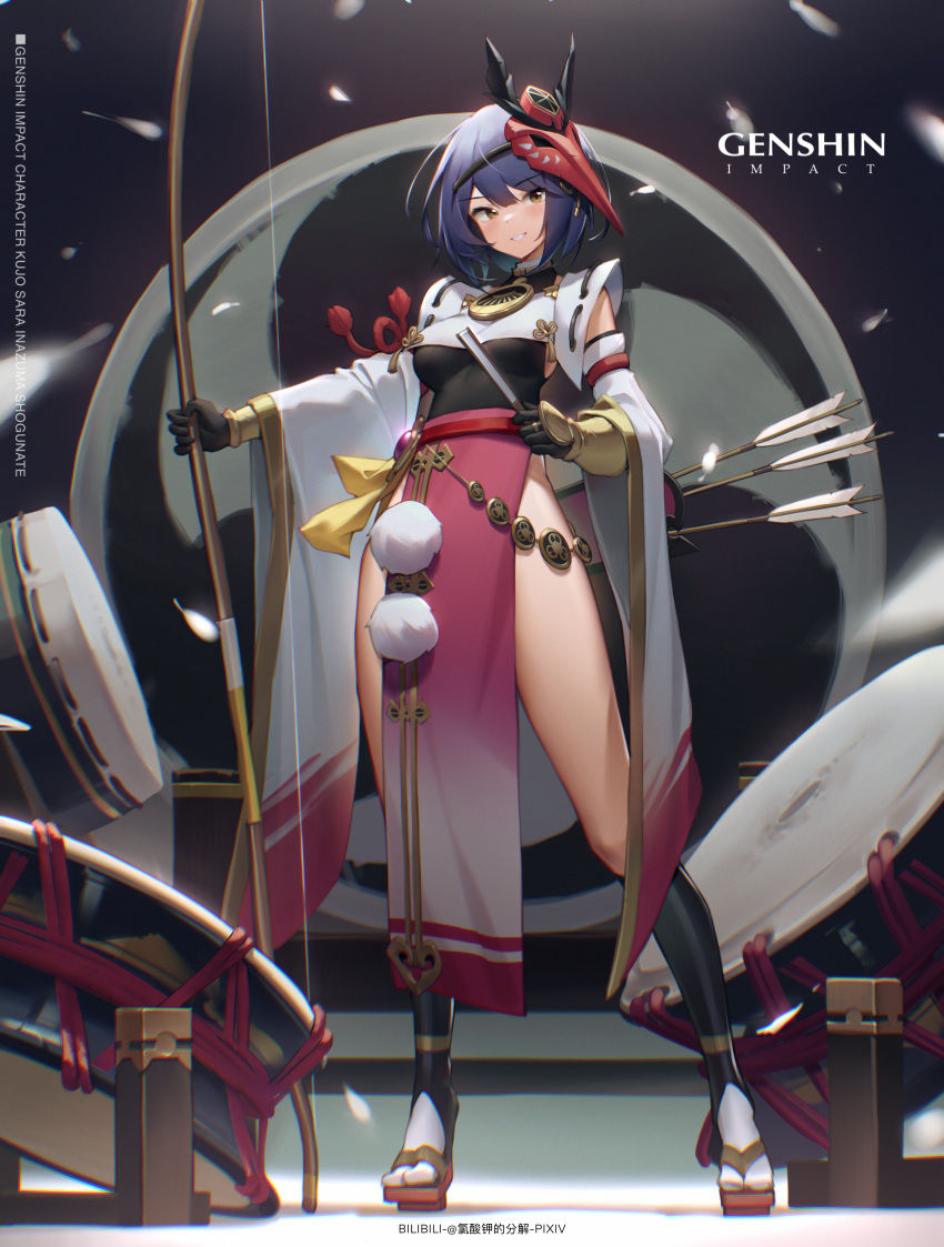 1girl absurdres arrow_(projectile) bilibili_xiaolu bird_mask blue_hair bow_(weapon) breasts chinese_commentary drum folding_fan full_body genshin_impact geta hand_fan highres holding holding_bow_(weapon) holding_fan holding_weapon instrument japanese_clothes kujou_sara mask mask_on_head pelvic_curtain short_hair smile solo taiko_drum teeth weapon yellow_eyes yumi_(bow)