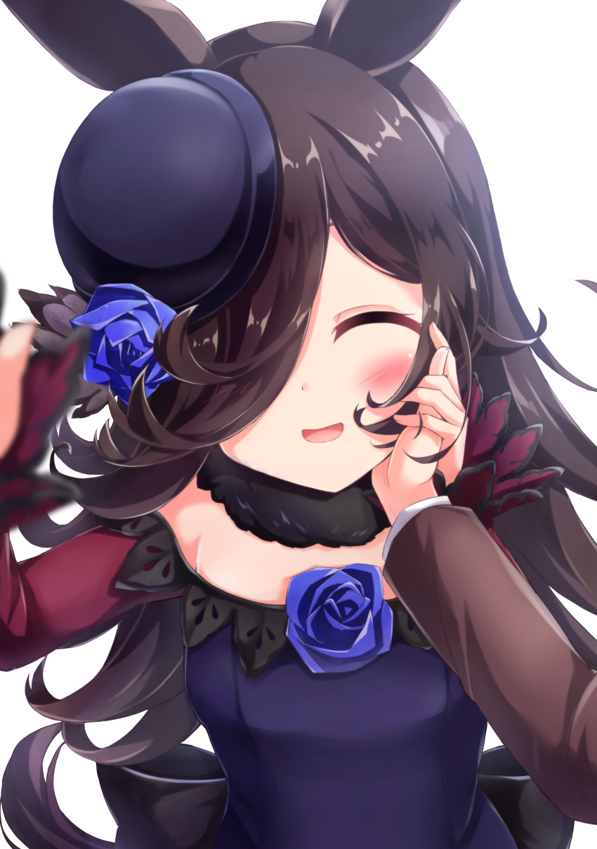 1girl 1other :d ^_^ absurdres animal_ears blue_dress blue_flower blue_headwear blue_rose blush bow bowler_hat breasts brown_hair closed_eyes dress dress_bow dress_flower flower fur_collar hair_over_one_eye hand_on_another's_cheek hand_on_another's_face hat hat_flower hat_over_one_eye highres horse_ears horse_girl horse_tail long_hair looking_at_viewer off-shoulder_dress off_shoulder one_eye_covered open_mouth pov pov_hands purple_eyes rice_shower_(umamusume) rose small_breasts smile solo_focus tail tilted_headwear umamusume upper_body yukikawa_sara