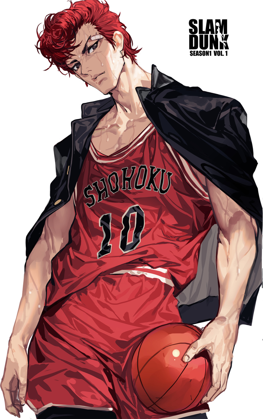 1boy absurdres ball bandaid bandaid_on_face basketball basketball_jersey basketball_uniform black_eyes black_jacket closed_mouth copyright_name cowboy_shot grandia_lee highres holding holding_ball jacket jacket_on_shoulders looking_at_viewer male_focus pompadour red_hair red_shorts sakuragi_hanamichi short_hair shorts simple_background slam_dunk solo sportswear standing sweat white_background