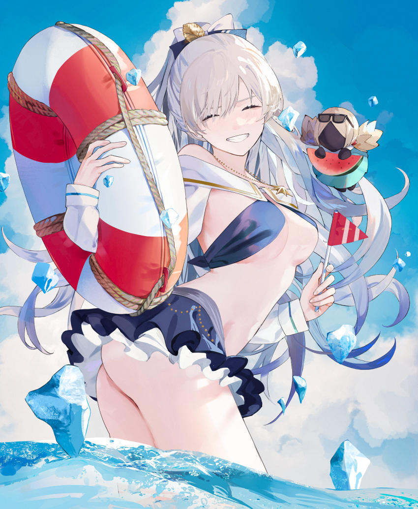 1girl absurdres anastasia_(fate) anastasia_(swimsuit_archer)_(fate) ass bangs bikini bikini_skirt black_bikini bow breasts closed_eyes cloud commentary_request detached_sleeves eyewear_on_head facing_viewer fate/grand_order fate_(series) food fruit hair_bow highres ice jewelry lifebuoy long_hair medium_breasts mini_flag necklace outdoors parai0 ponytail smile strapless strapless_bikini swimsuit teeth viy_(fate) wading water watermelon watermelon_slice white_hair