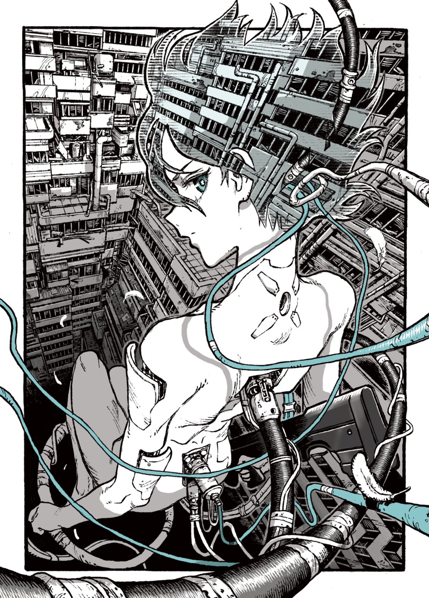 1girl aqua_eyes assembling bare_shoulders border bright_pupils building cable city closed_mouth commentary cyberpunk cyborg english_commentary feathers from_above from_behind ghost_in_the_shell greyscale gun highres holding holding_gun holding_weapon kusanagi_motoko looking_back machinery mechanism monochrome nude omao outside_border pipes science_fiction short_hair solo subdermal_port translucent_hair transparent weapon white_border