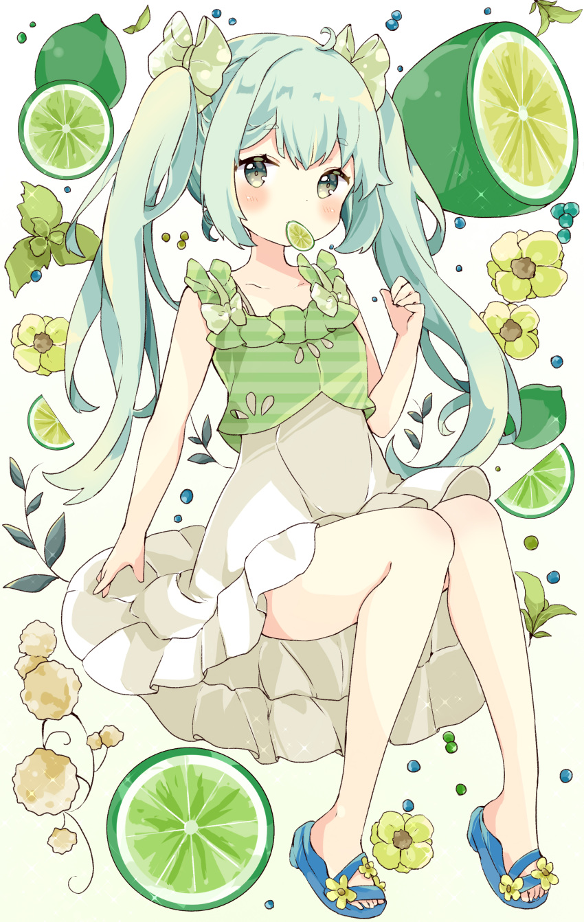 1girl absurdres ahoge bangs blue_footwear blush bow camisole commentary dress eyebrows_visible_through_hair food food_in_mouth frilled_dress frills fruit full_body green_bow green_camisole green_eyes green_hair hair_bow highres lime_(fruit) lime_slice long_hair mouth_hold original sandals short_eyebrows sitting solo symbol-only_commentary thick_eyebrows tsukiyo_(skymint) twintails very_long_hair white_dress