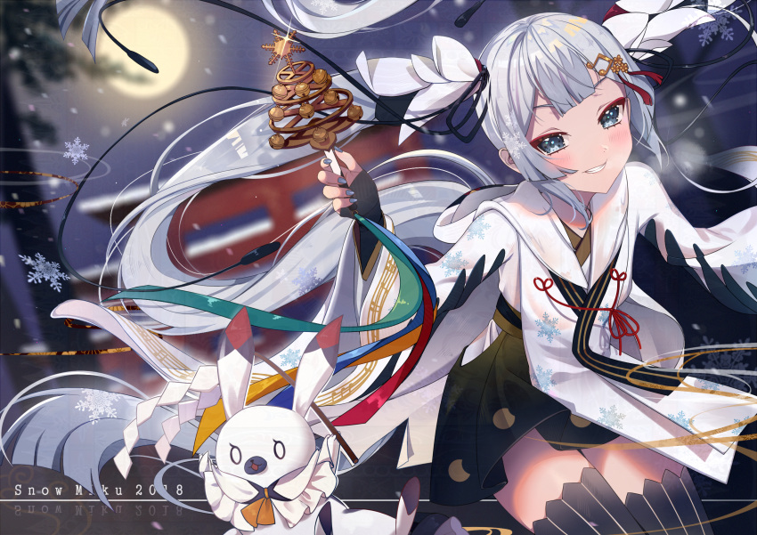 1girl animal bell black_skirt black_thighhighs blue_eyes blue_ribbon blush character_name chihaya_(clothing) commentary english_commentary full_moon green_ribbon hair_between_eyes hair_ornament hatsune_miku highres holding holding_bell japanese_clothes jingle_bell kagura_suzu long_hair miko moon musical_note musical_note_hair_ornament musical_note_print musical_staff musical_staff_print night official_alternate_costume official_alternate_hairstyle orange_ribbon outdoors pleated_skirt rabbit rabbit_yukine red_ribbon ribbon skirt smile snowflake_print snowflakes striped_clothes striped_thighhighs teeth thighhighs torii twintails vertical-striped_clothes vertical-striped_thighhighs very_long_hair vocaloid weizhi white_hair yellow_ribbon yuki_miku yuki_miku_(2018)