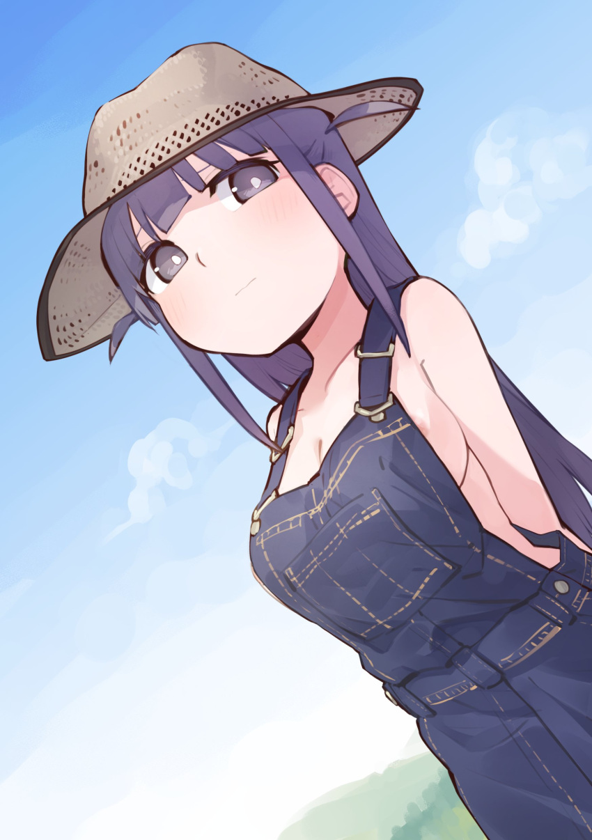 1girl absurdres areola_slip areolae arms_behind_back bangs bare_shoulders blue_overalls blue_sky blunt_bangs blush breasts bright_pupils brown_headwear cleavage closed_mouth cloud collarbone cowboy_shot day dutch_angle goe_(g-o-e) hat highres long_hair looking_at_viewer medium_breasts naked_overalls outdoors overalls purple_eyes purple_hair shoujo_kageki_revue_starlight sideboob sidelocks sky solo standing tsuyuzaki_mahiru two_side_up very_long_hair white_pupils
