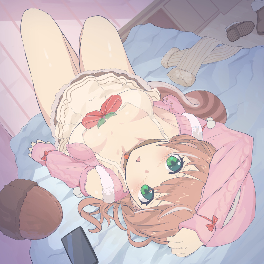 1girl absurdres acorn armpits ayunda_risu bed blush bow breasts breasts_apart brown_hair callu_jy cardigan cellphone clothes collarbone dress full_body fur_choker green_eyes hand_on_own_head highres hololive hololive_indonesia legs long_hair looking_at_viewer lying medium_breasts multicolored_hair no_bra on_back open_mouth phone pink_cardigan red_bow shoes shoes_removed sleeveless sleeveless_dress smartphone spaghetti_strap squirrel_girl squirrel_tail stuffed_acorn stuffed_toy tail twintails two-tone_hair virtual_youtuber white_dress
