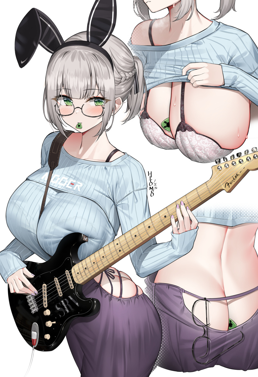 1girl absurdres animal_ears ass bangs between_breasts black_hairband blue_sweater blush bra braid breast_press breasts character_name cleavage clothes_lift commentary cosplay cowboy_shot extra_ears eyebrows_visible_through_hair eyes_visible_through_hair eyewear_hang eyewear_removed fake_animal_ears glasses green_eyes guitar guitar_little_sister_(hitomi_o) guitar_little_sister_(hitomi_o)_(cosplay) hairband highres holding holding_instrument hololive instrument kuse_(0201) large_breasts lifted_by_self long_sleeves looking_at_viewer mouth_hold multiple_views nail_polish original plectrum plectrum_in_mouth ponytail purple_nails purple_skirt rabbit_ears revealing_clothes shirogane_noel short_hair sidelocks silver_hair simple_background skirt sleeves_past_wrists standing strap_between_breasts sweater sweater_lift underwear virtual_youtuber white_background white_bra
