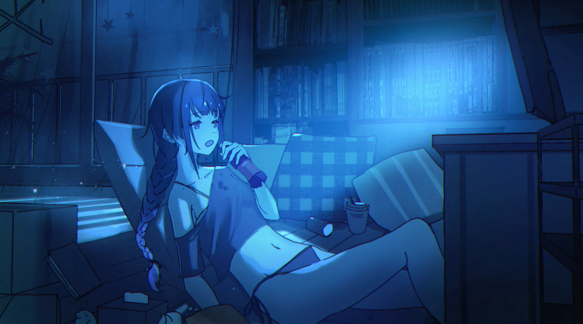 1girl absurdres bare_shoulders bottle braid braided_ponytail contemporary couch drink drooling dzks5425 genshin_impact half-closed_eyes highres hikikomori holding holding_drink indoors light_rays navel night off_shoulder open_clothes open_mouth open_shirt panties pillow purple_eyes purple_hair raiden_shogun shelf shirt sitting solo television underwear watching_television