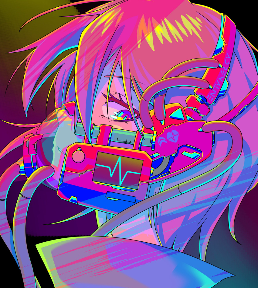 1girl 310o_sugar absurdres commentary cyberpunk english_commentary highres looking_at_viewer looking_to_the_side mask mouth_mask original parted_lips purple_eyes red_hair respirator see-through short_hair solo tube