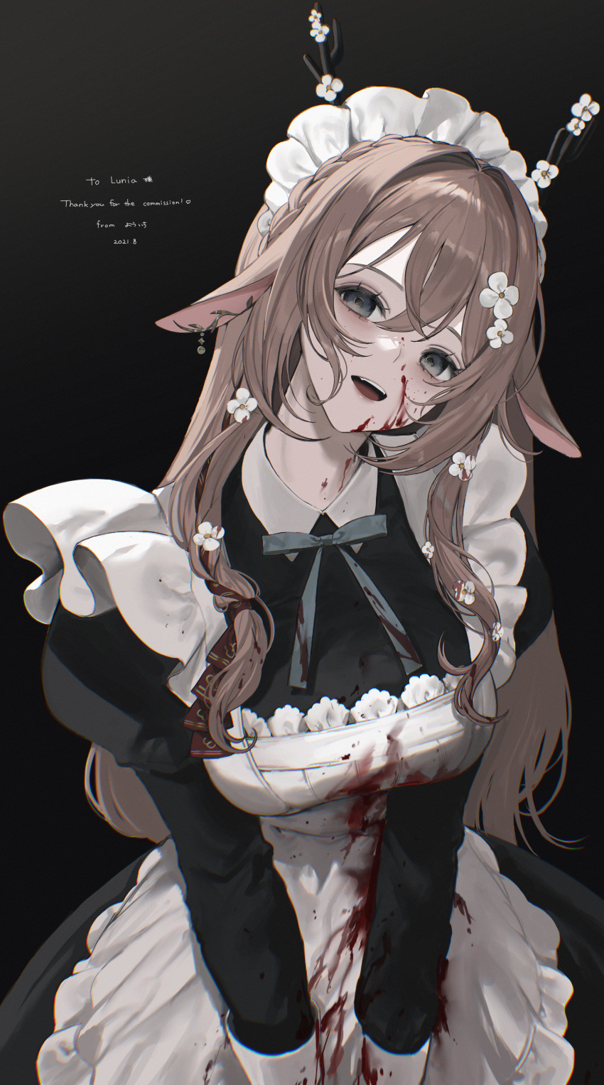 1girl :d absurdres animal_ears apron bangs black_dress black_eyes blood blood_on_clothes blood_on_face blue_bow bow braid breasts brown_hair commission cowboy_shot deer_antlers deer_ears deer_girl dress flower hair_between_eyes hair_flower hair_ornament highres indie_virtual_youtuber juliet_sleeves large_breasts long_hair long_sleeves looking_at_viewer lunia_(vtuber) maid maid_apron maid_headdress open_mouth psd_available puffy_sleeves second-party_source skeb_commission smile solo standing v_arms virtual_youtuber white_apron white_flower yandere youichi_(45_01)